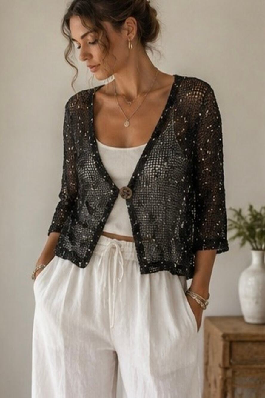 Sheer Open Knit Speckled Cardigan M Wood Button Layering Coastal Boho Resortwear